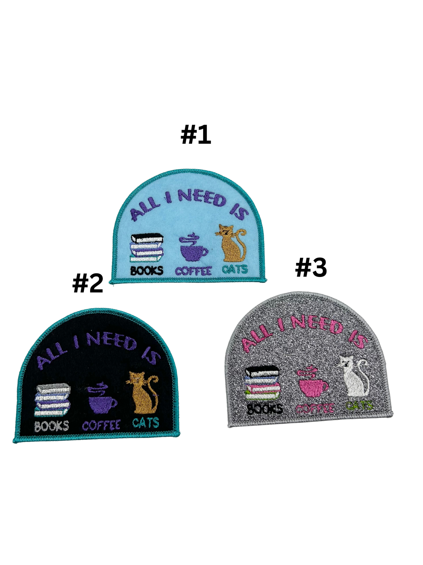 All I Need Is Books Coffee Cats Glittered AND Felted Iron-on Patch.Add on Clothing Backpack