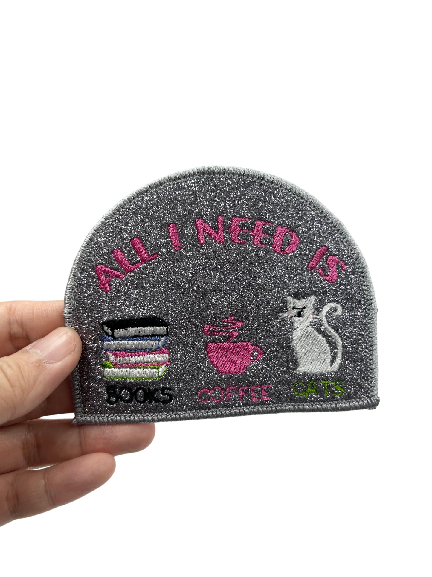 All I Need Is Books Coffee Cats Glittered AND Felted Iron-on Patch.Add on Clothing Backpack