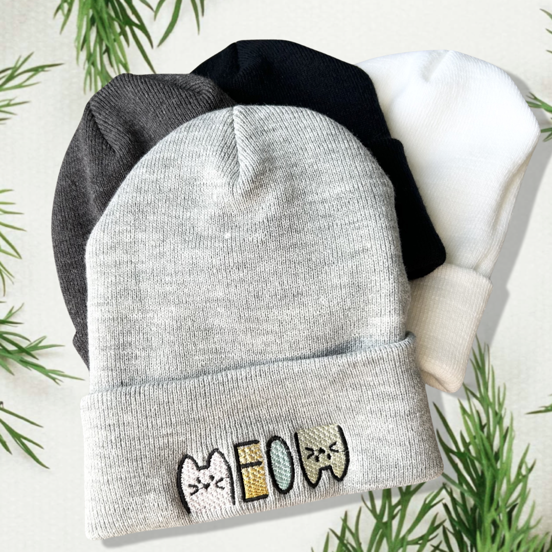 Embroidered Cat Meow Unisex Cozy Cute Winter Cuffed Knit Beanie Hat Special Gift