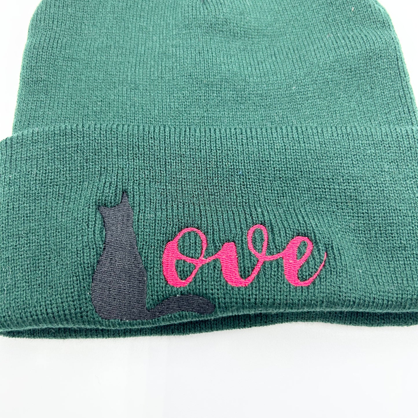 Embroidered Cat Love Unisex Cozy Cute Winter Pom Pom Cuffed Knit Beanie Hat Special Gift