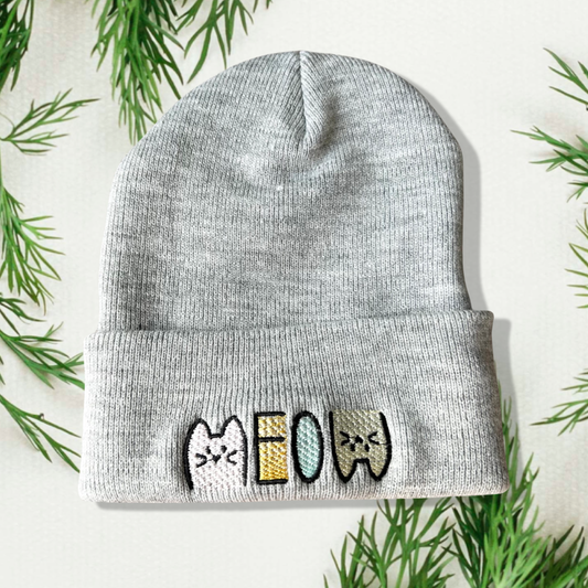 Embroidered Cat Meow Unisex Cozy Cute Winter Cuffed Knit Beanie Hat Special Gift