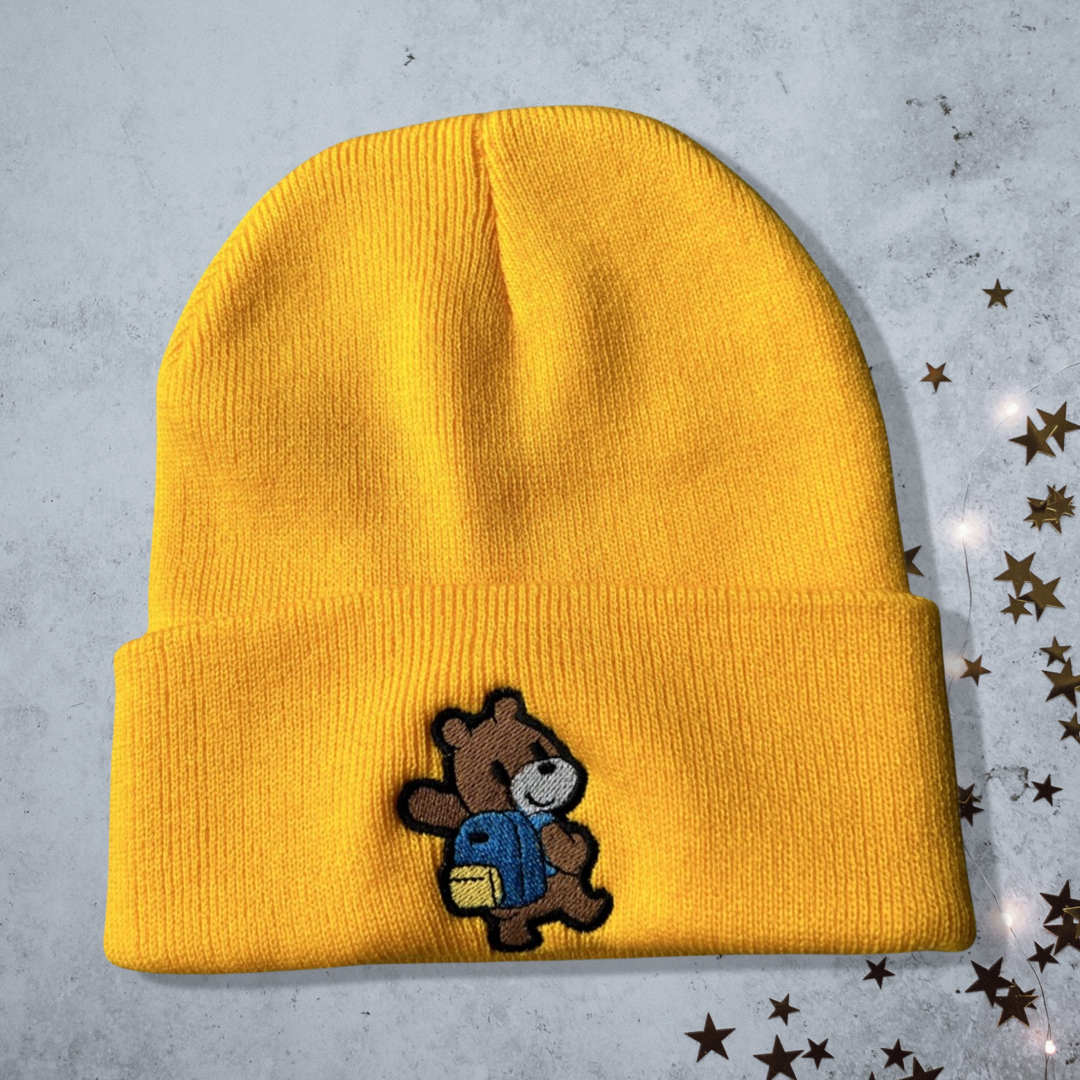 Embroidered Teddy Bear with Backpack Unisex Cozy Cute Winter Cuffed Knit Beanie Hat Special Gift