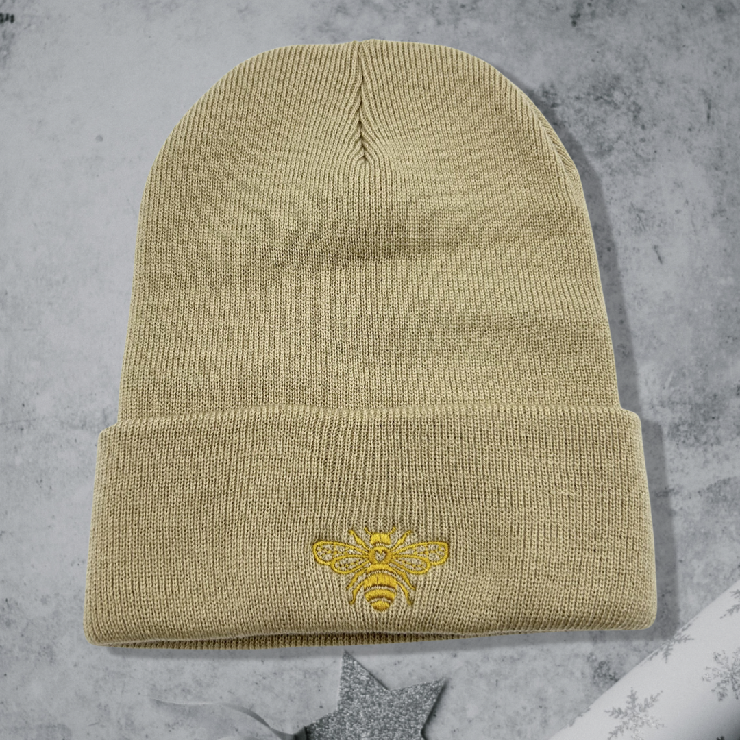Embroidered Golden Bee Unisex Cozy Cute Winter Cuffed Knit Beanie Embroidered Golden Bee Unisex Cozy Cute Winter Cuffed Knit Beanie