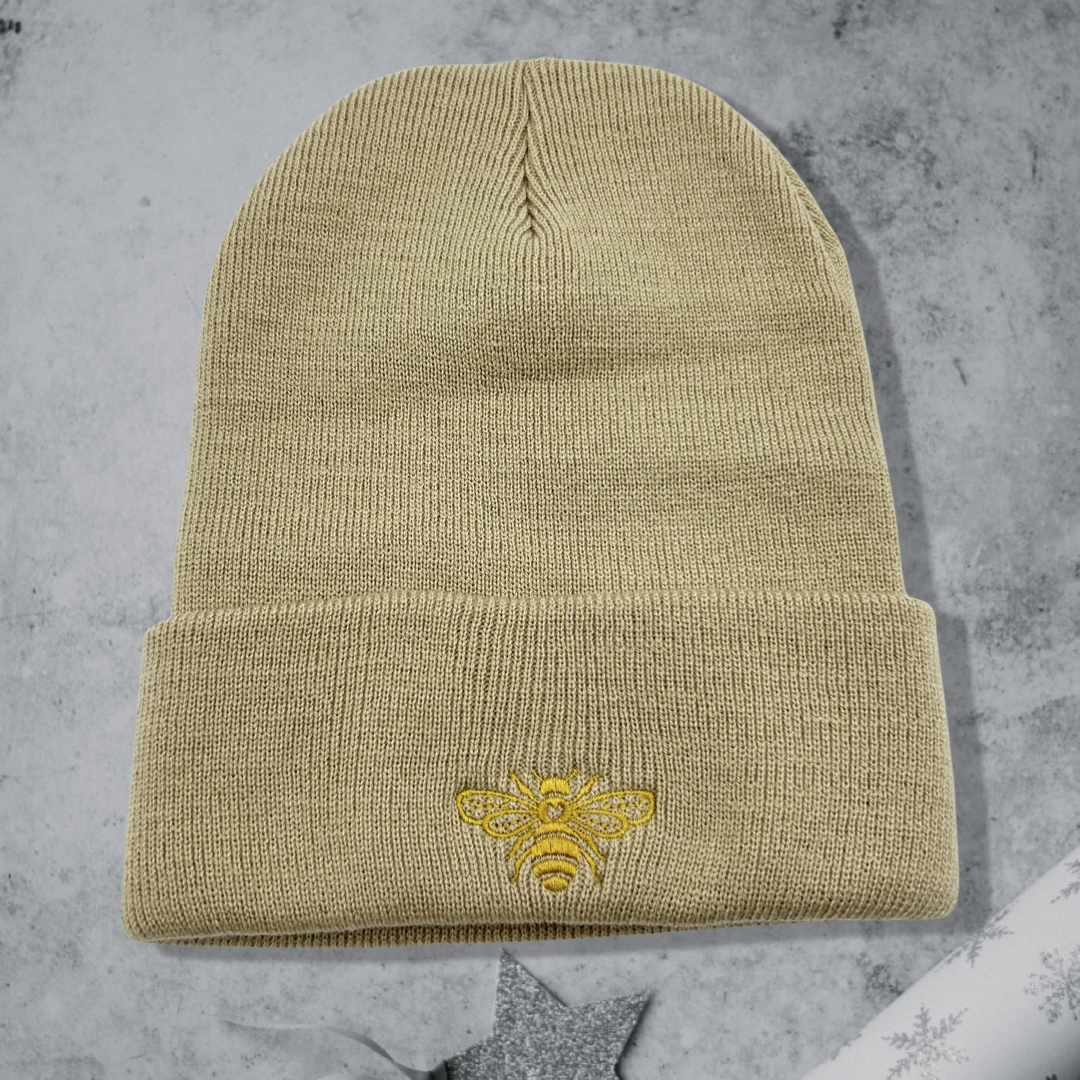 Embroidered Golden Bee Unisex Cozy Cute Winter Cuffed Knit Beanie Hat Special Gift