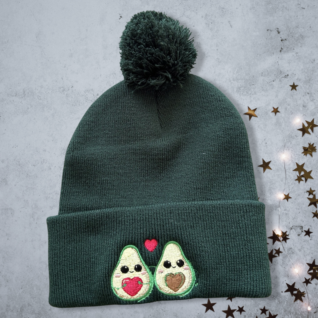 Embroidered Avocado Lovers Unisex Cozy Cute Winter Pom Pom Cuffed Knit Beanie Hat Special Gift