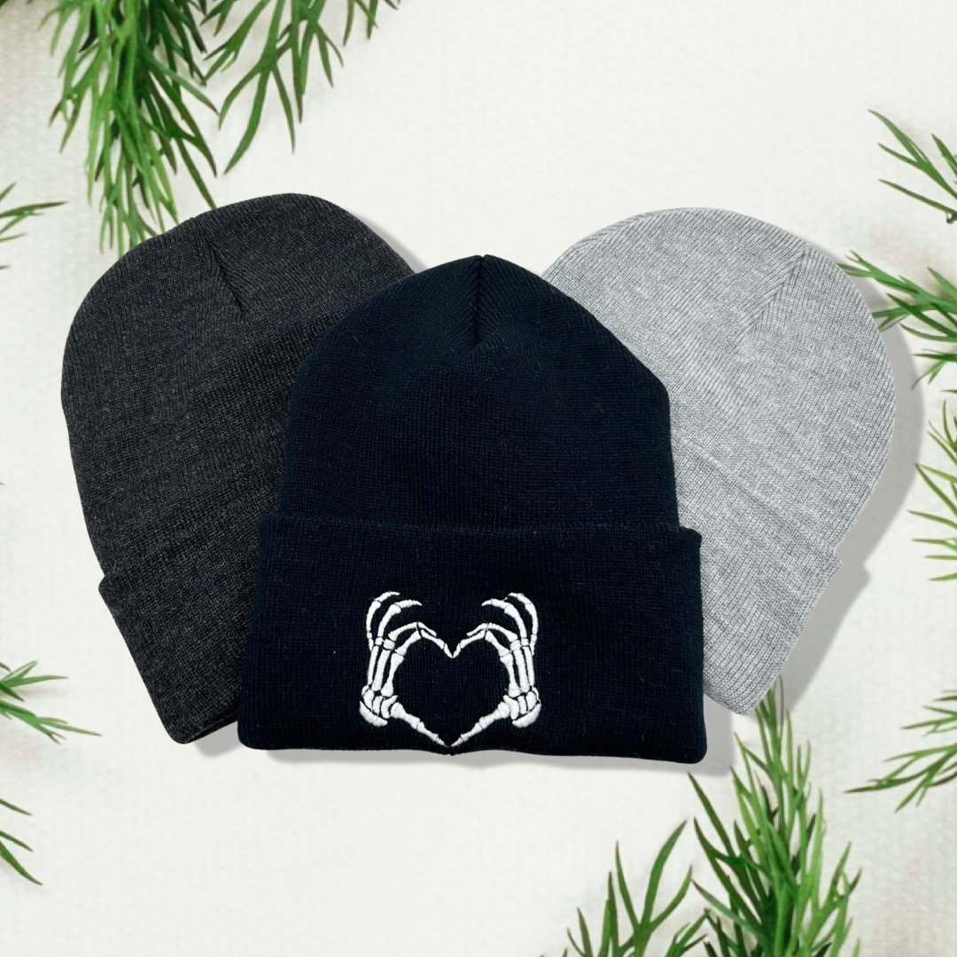 Embroidered Skull Love Unisex Cozy Cute Winter Cuffed Knit Beanie Hat Special Gift