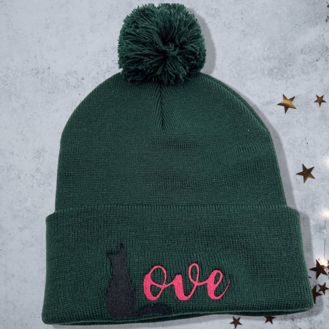 Embroidered Cat Love Unisex Cozy Cute Winter Pom Pom Cuffed Knit Beanie Hat Special Gift