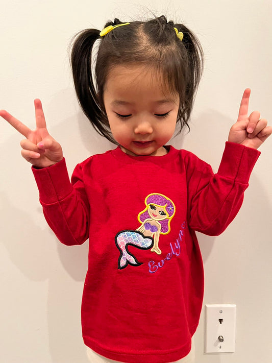 Toddler glitter Mermaid Birthday Shirt Custom Embroidery Long Sleeve Cozy Cute Birthday Shirts