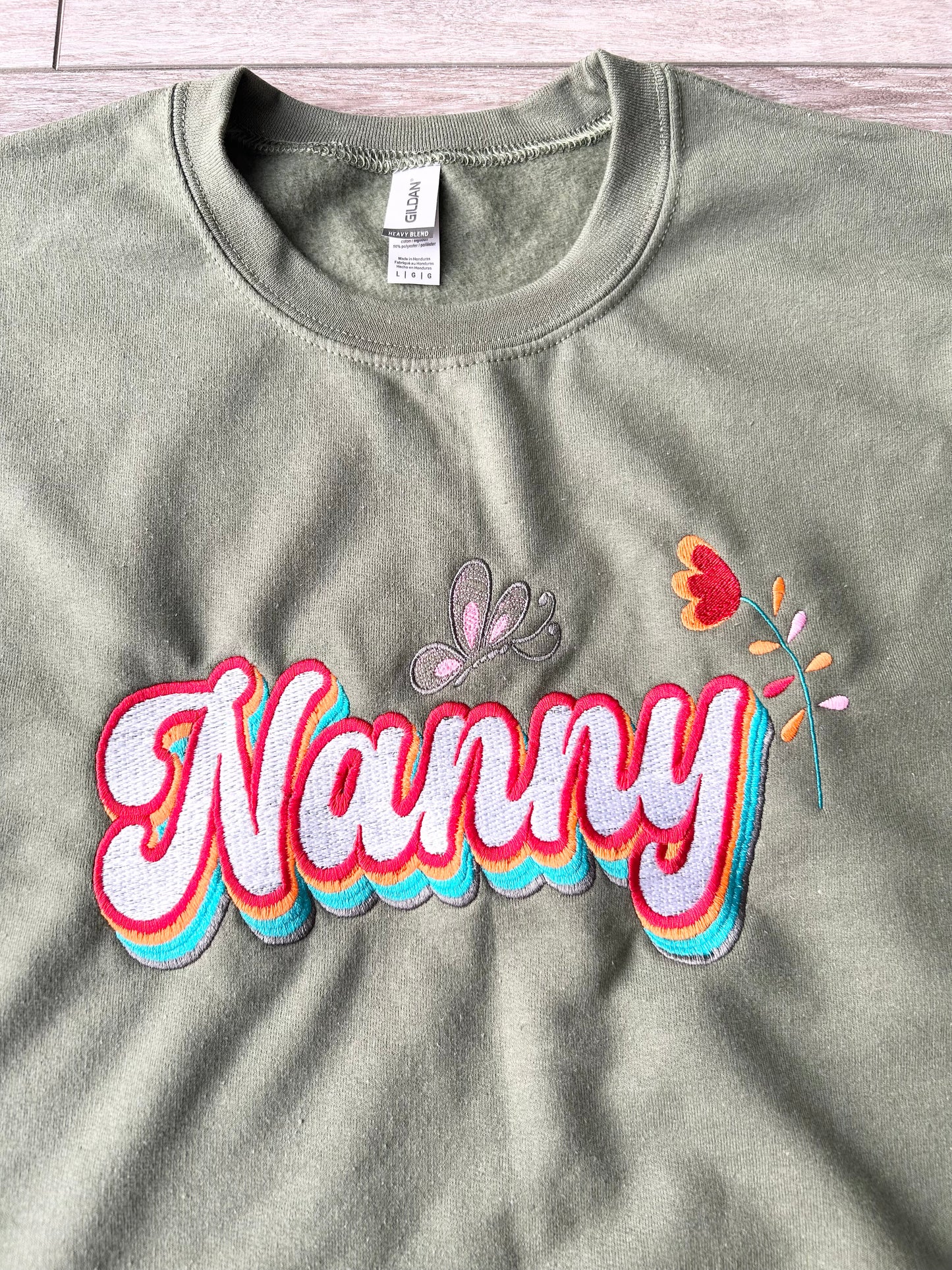 Custom Nanny Embroidery Crew Neck Sweatshirt Floral Butterfly