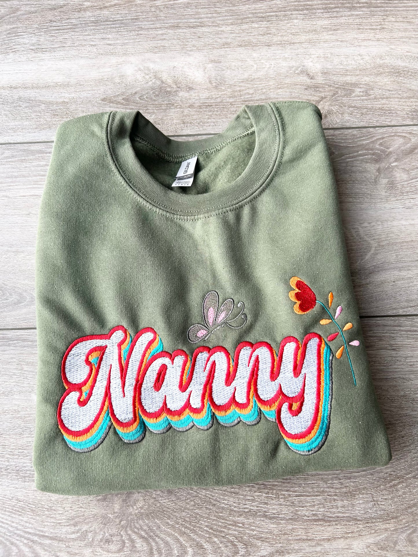 Custom Nanny Embroidery Crew Neck Sweatshirt Floral Butterfly