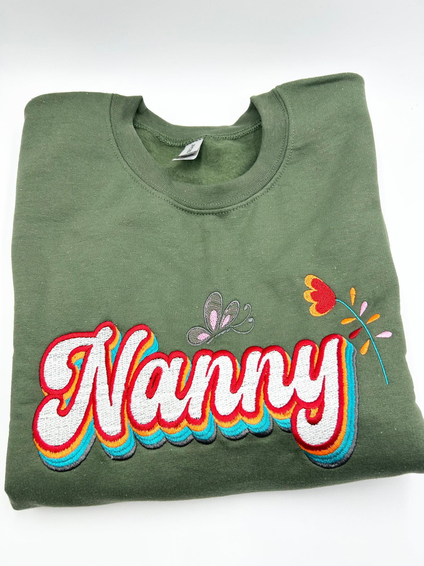 Custom Nanny Embroidery Crew Neck Sweatshirt Floral Butterfly