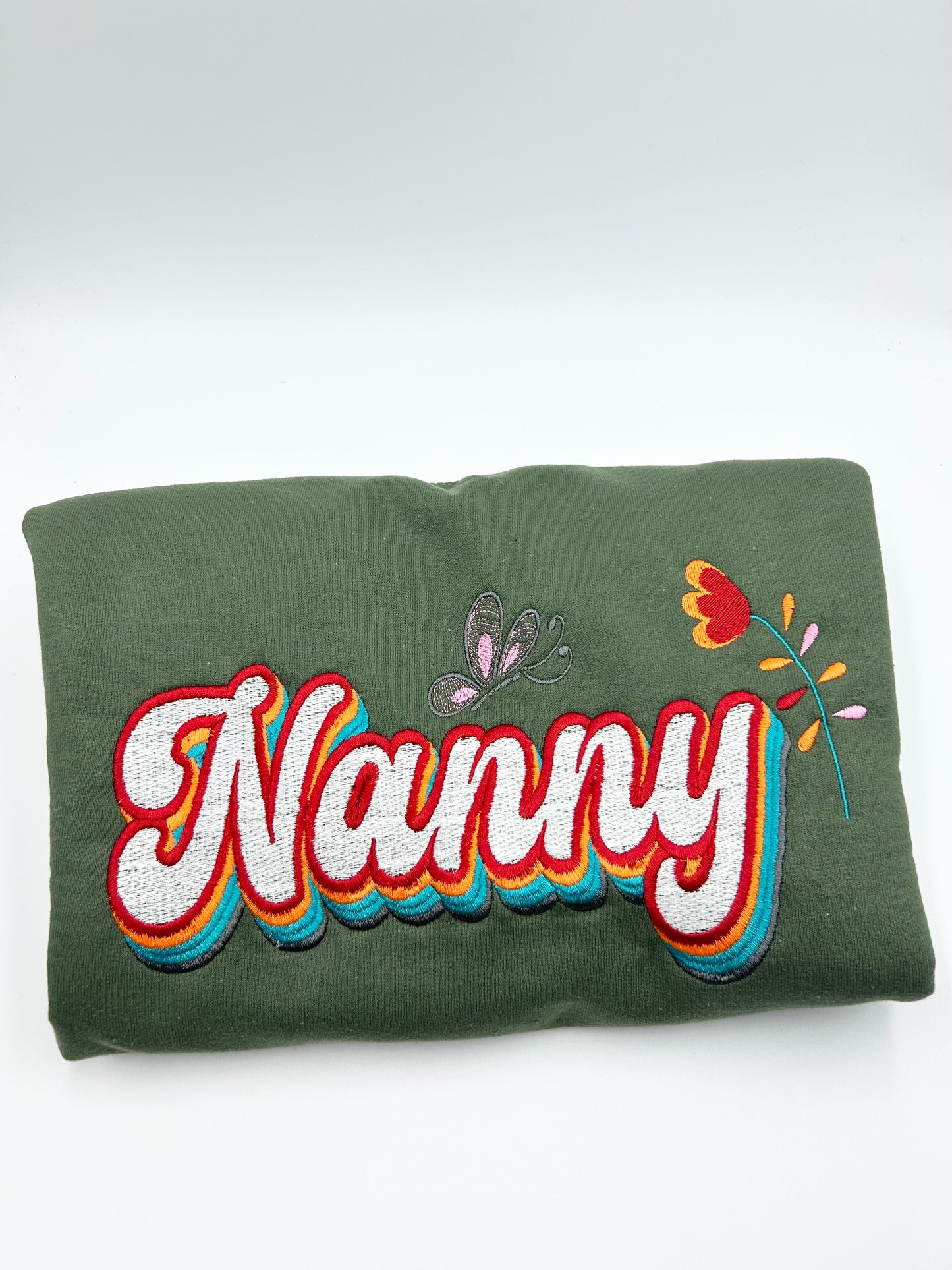 Custom Nanny Embroidery Crew Neck Sweatshirt Floral Butterfly