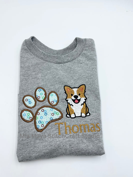 Toddler Kogi Puppy Dog  Dog Paw  Custom Name Shirt, Custom Embroidery Long Sleeve Cozy Cute Birthday Shirts