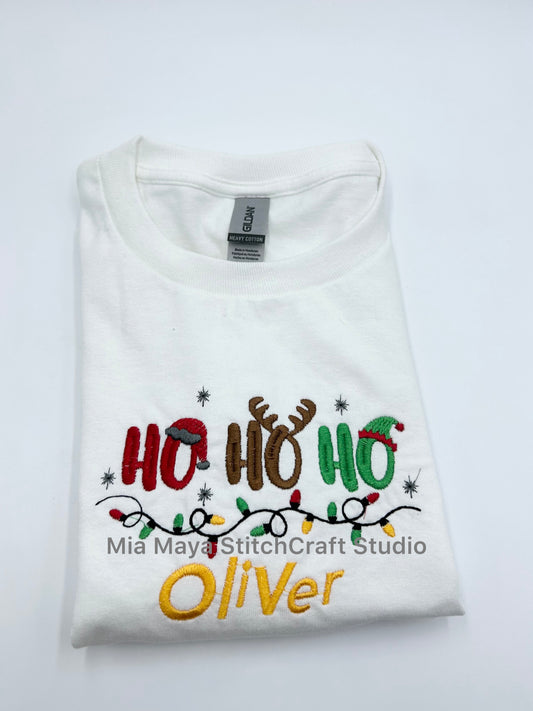 Youth Ho Ho Ho Christmas Holiday Custom Name Shirt, Embroidery Long Sleeve Cozy Cute Birthday Shirts