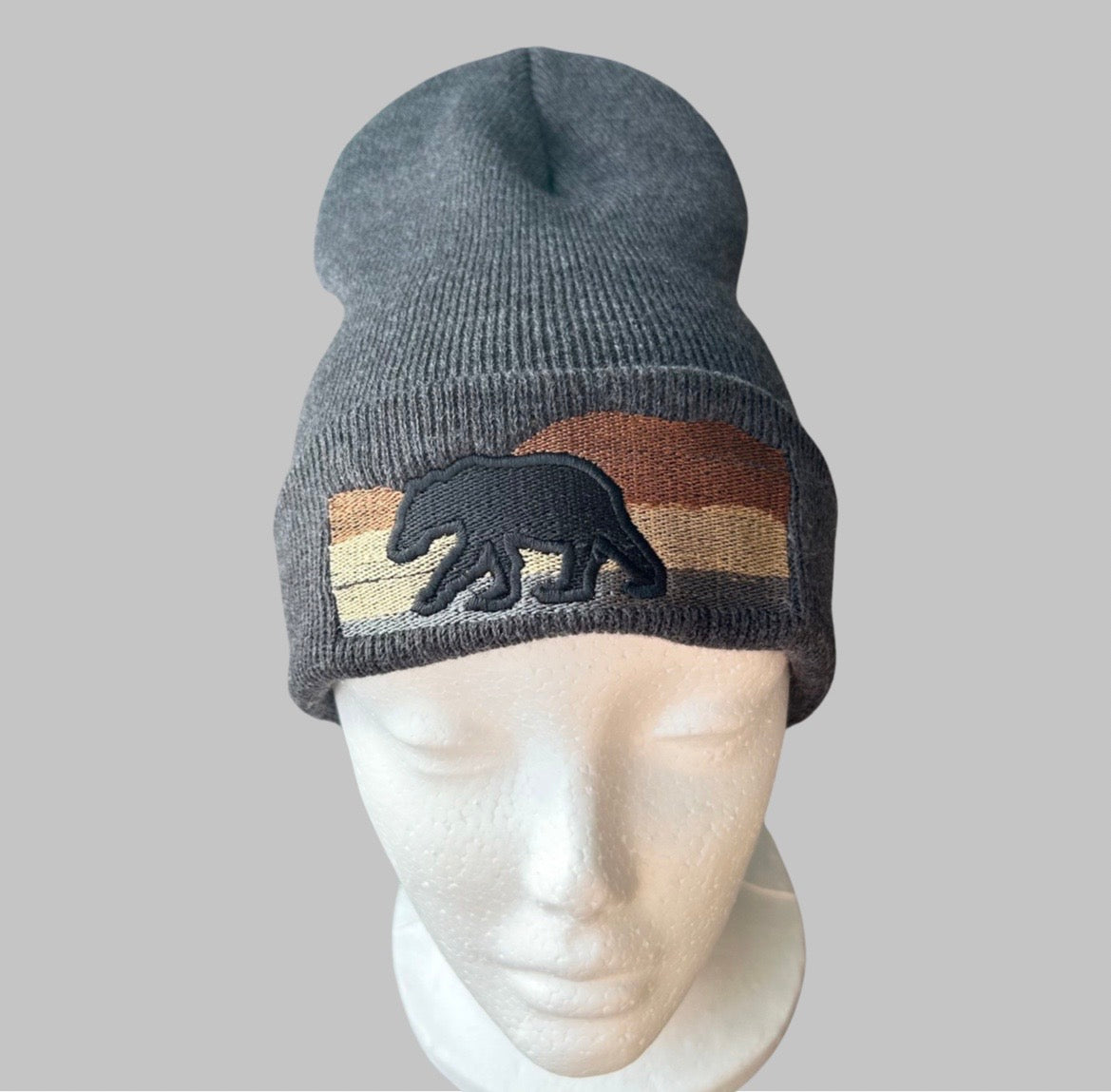 Embroidered Bear Mountain Unisex Cozy Cute Winter Cuffed Knit Beanie Hat