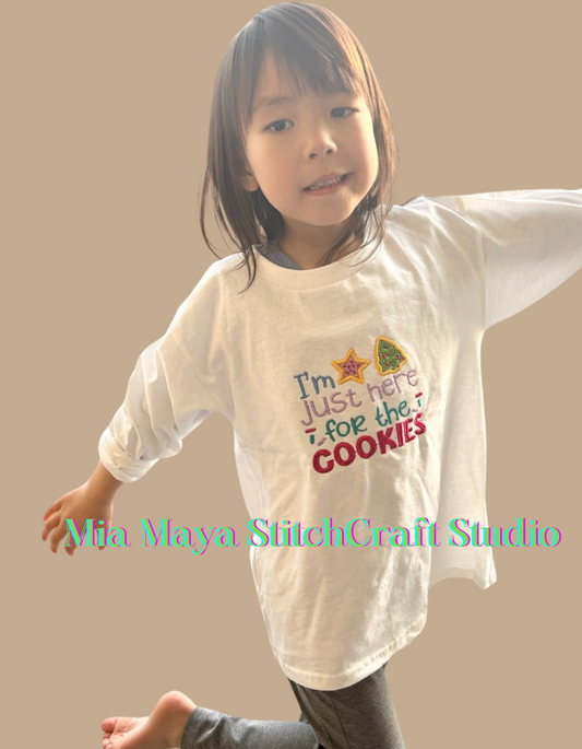 Youth Glitter I'm Just Here for the Cookies Shirt Custom Embroidery Long Sleeve Cozy Cute Birthday Shirts