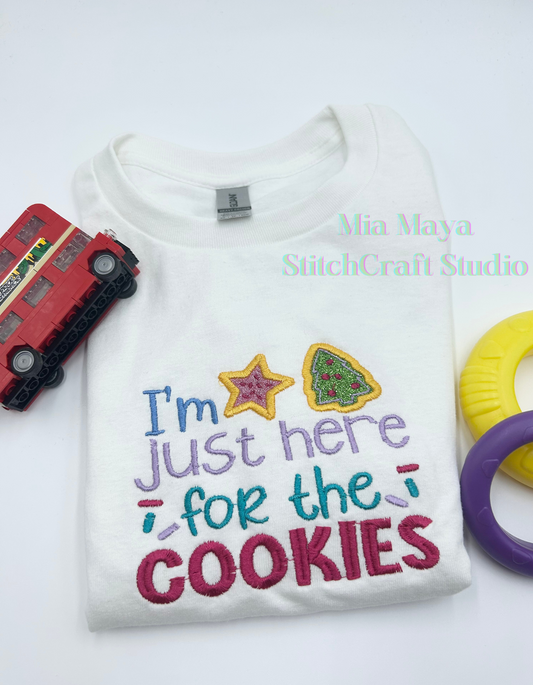 Toddler Glitter I'm Just Here for the Cookies Shirt Custom Embroidery Long Sleeve Cozy Cute Birthday Shirts