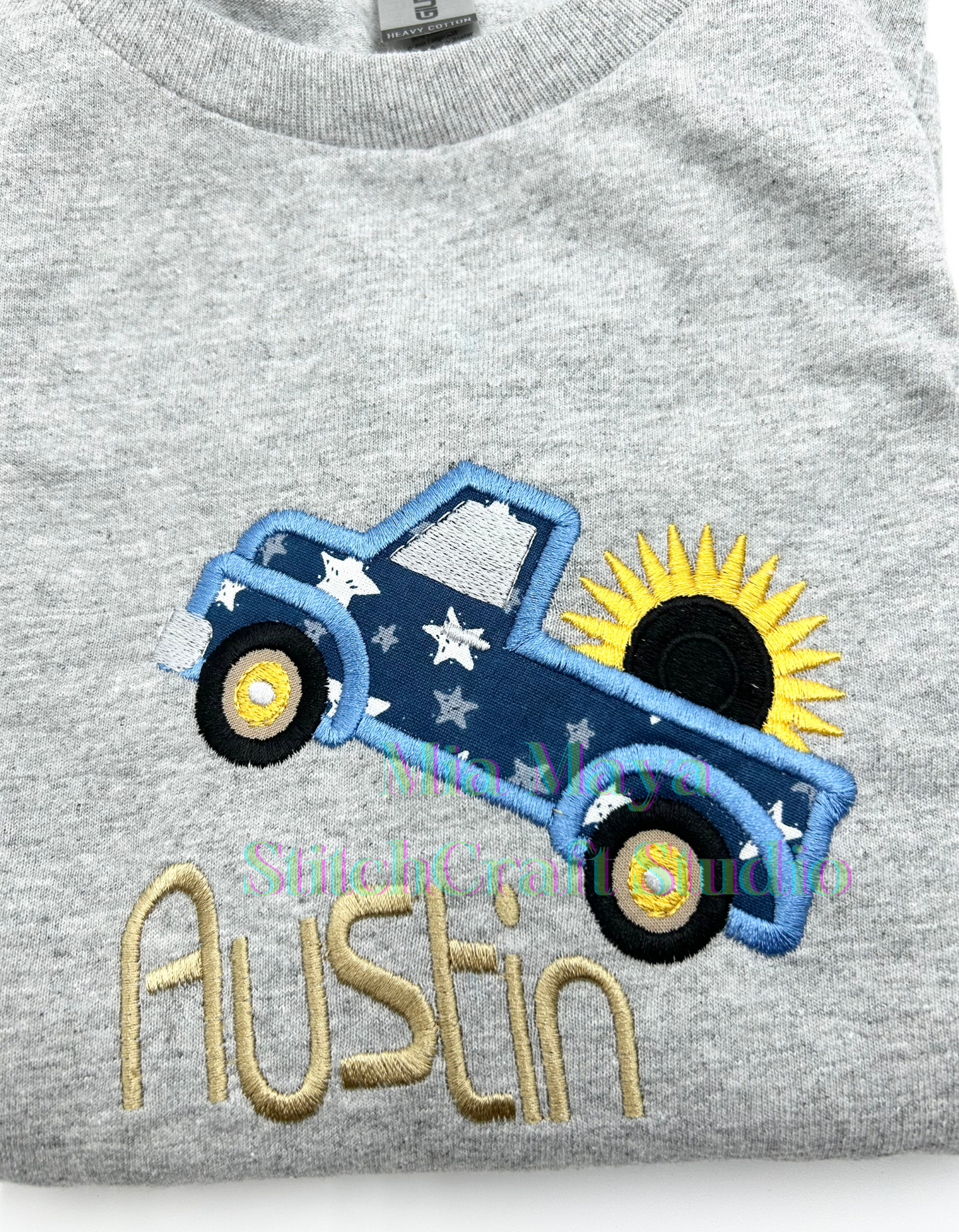 Toddler Truck Sunflower Custom Name Shirt, Custom Embroidery Long Sleeve Cozy Cute Birthday Shirts