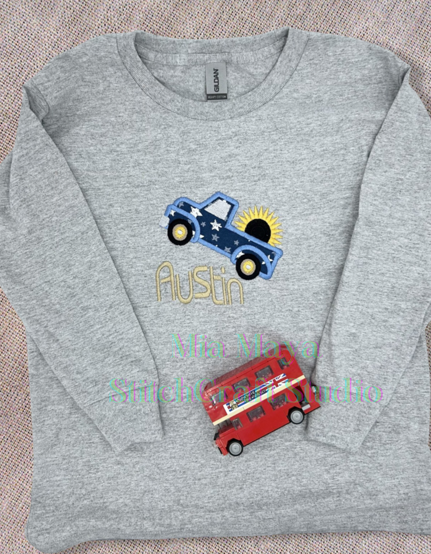 Toddler Truck Sunflower Custom Name Shirt, Custom Embroidery Long Sleeve Cozy Cute Birthday Shirts