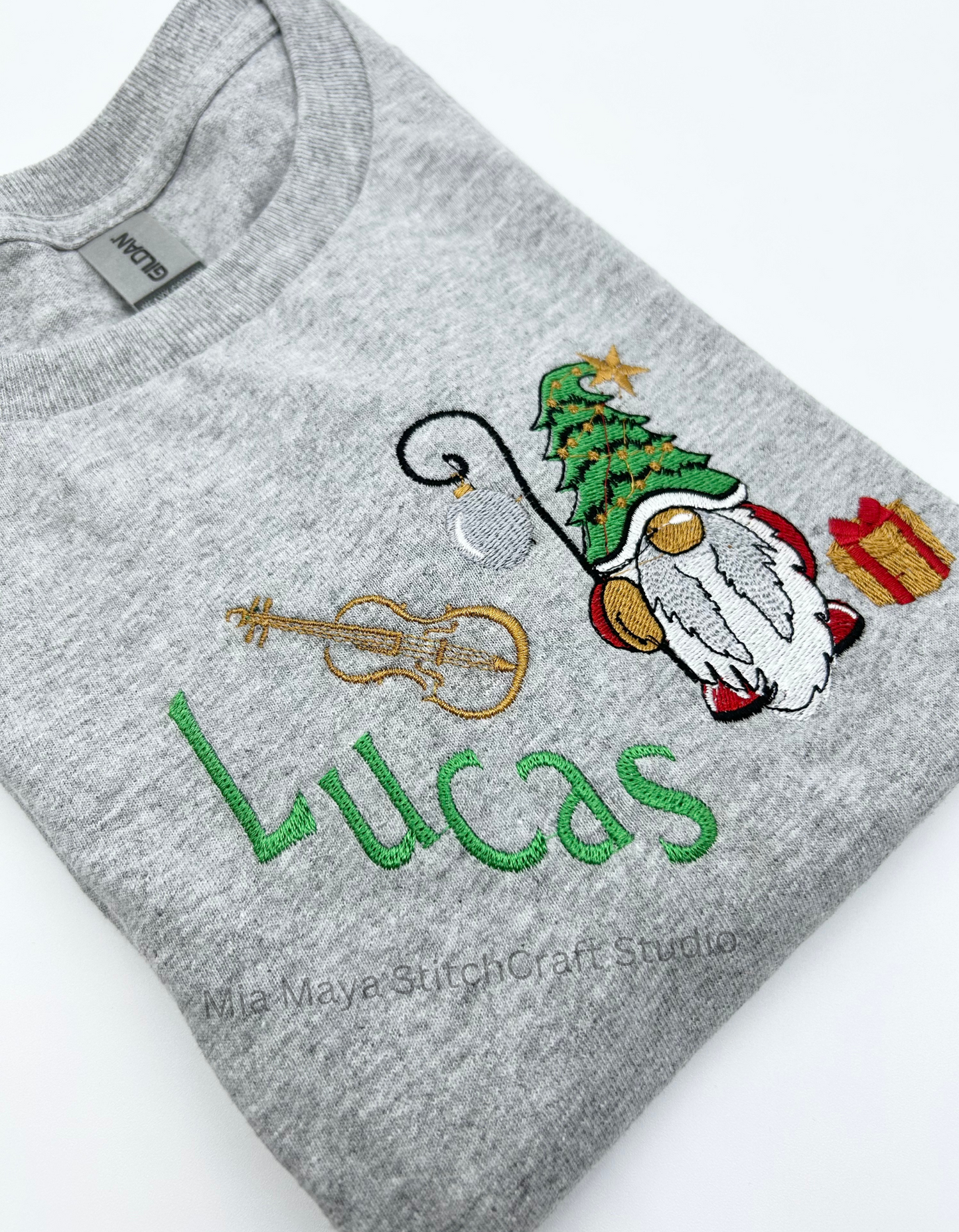 Toddler Violin Music Christmas Gnome Custom Name Shirt, Custom Embroidery Long Sleeve Cozy Cute Birthday Shirts