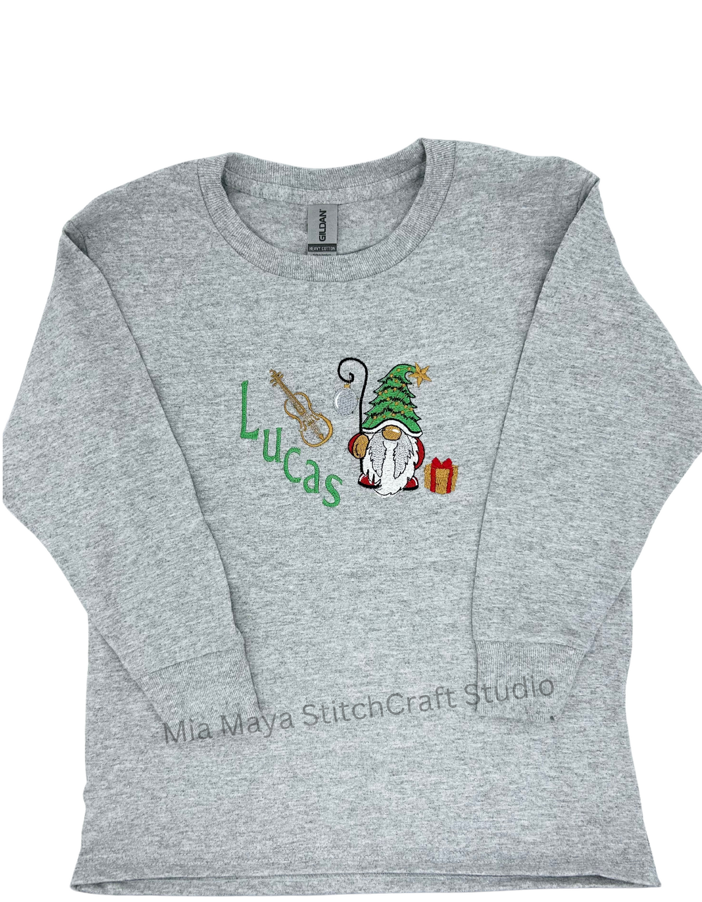 Youth Violin Christmas Gnome Custom Name Shirt, Custom Embroidery Long Sleeve Cozy Cute Birthday Shirts