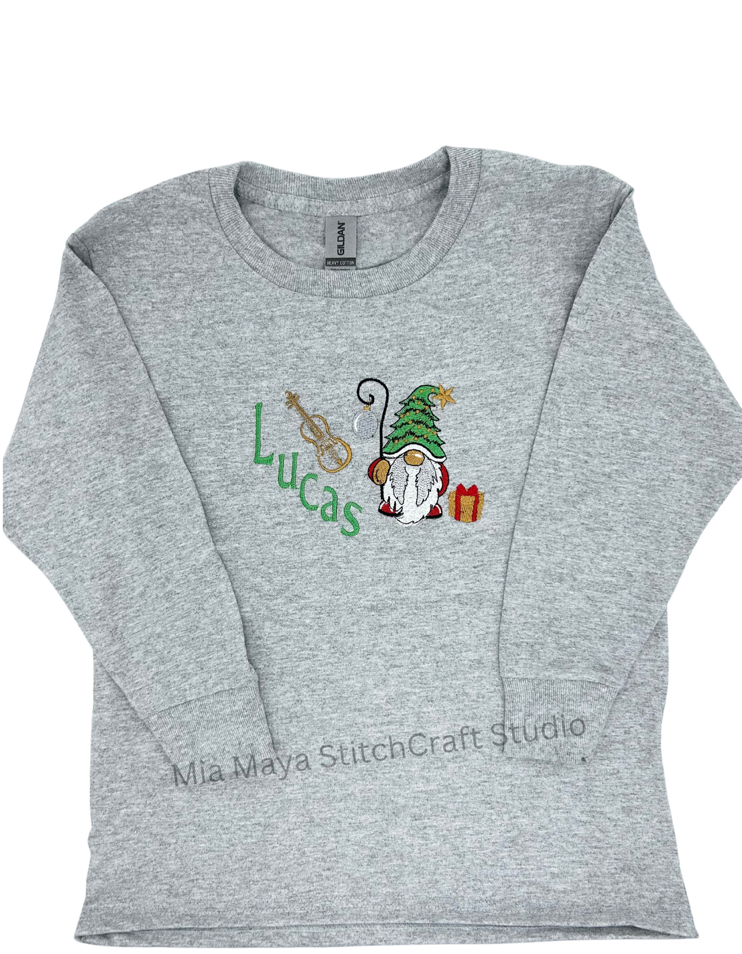Toddler Violin Music Christmas Gnome Custom Name Shirt, Custom Embroidery Long Sleeve Cozy Cute Birthday Shirts