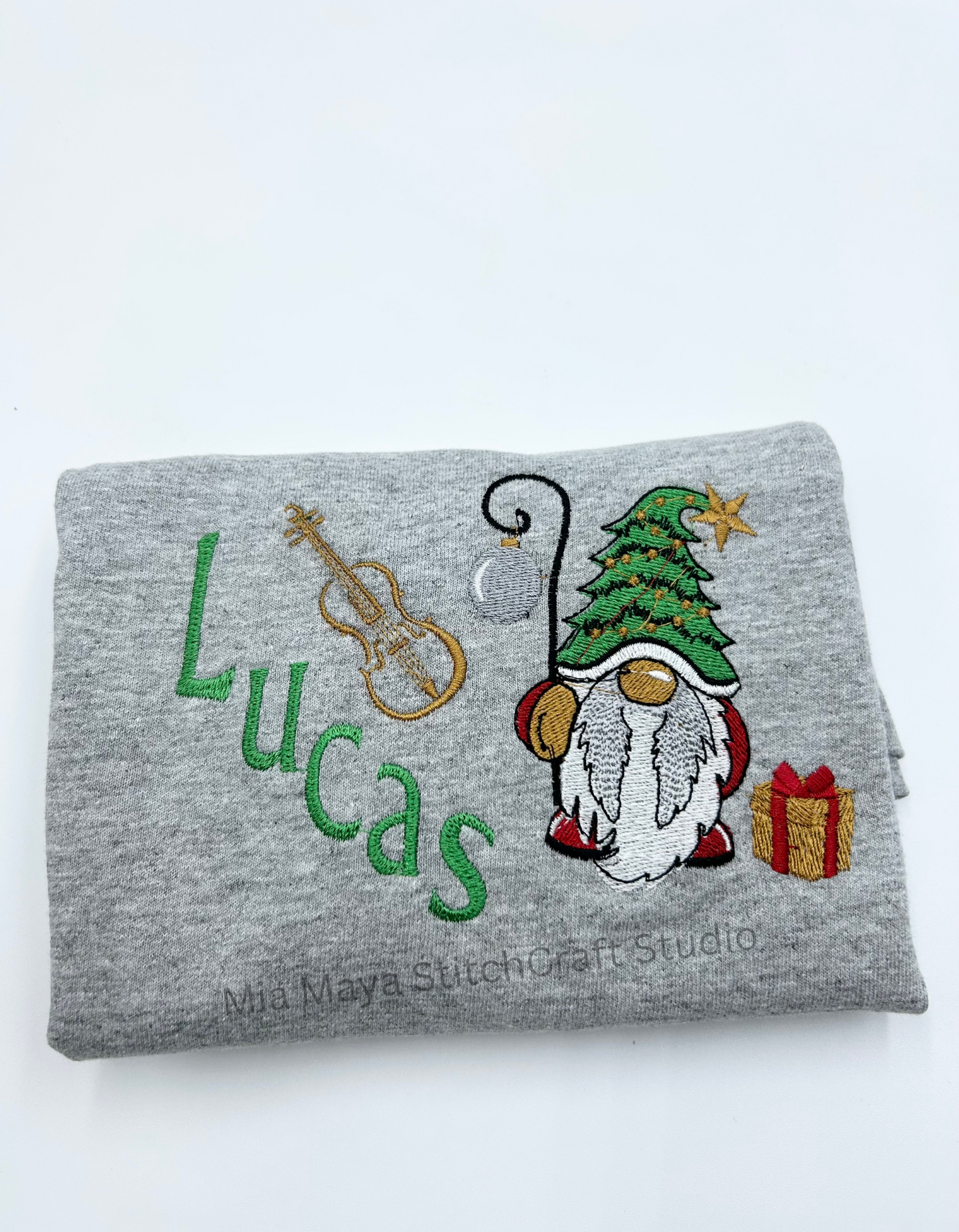 Toddler Violin Music Christmas Gnome Custom Name Shirt, Custom Embroidery Long Sleeve Cozy Cute Birthday Shirts
