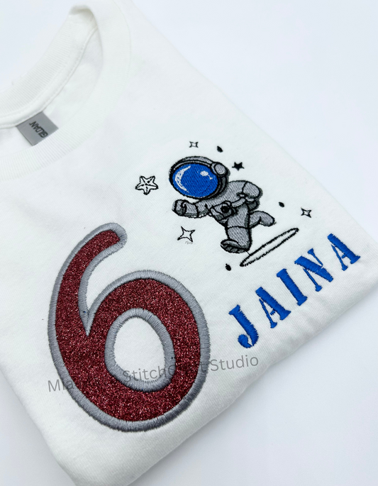 Toddler glitter astronaut outer space Custom Name Shirt, Custom Embroidery Long Sleeve Cozy Cute Birthday Shirts