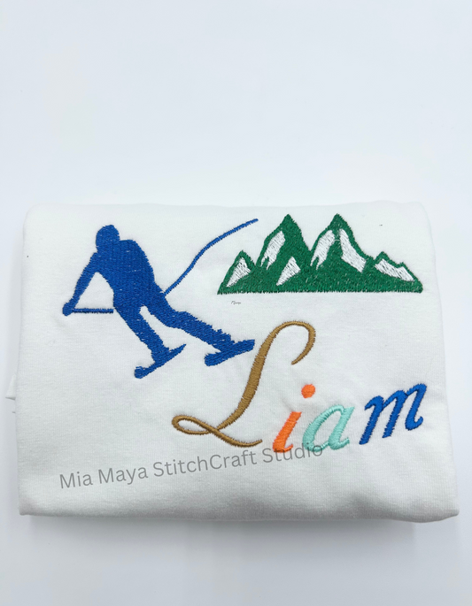 Toddler Ski Mountain Custom Name Shirt, Custom Embroidery Long Sleeve Cozy Cute Birthday Shirts