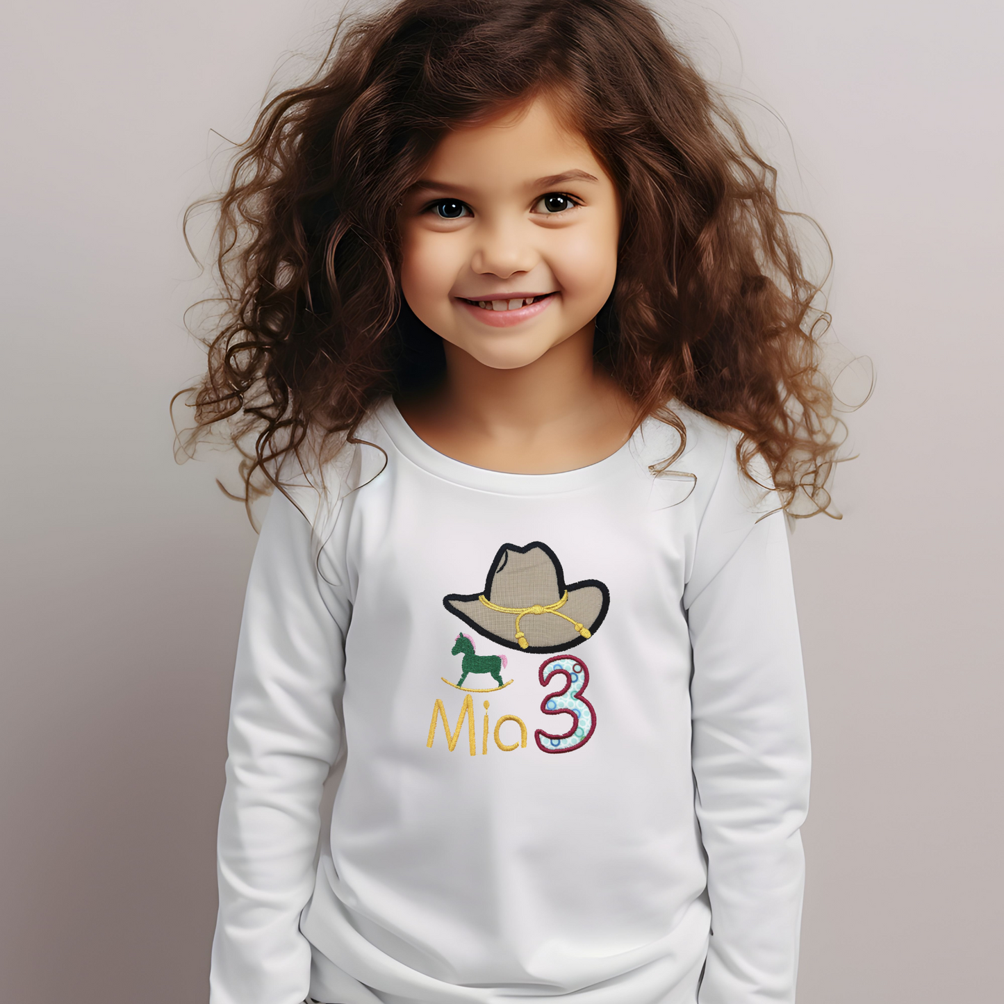 Youth Cowgirl Rocking Horse Birthday Shirt, Custom Embroidery Long Sleeve Cozy Cute Birthday Shirts