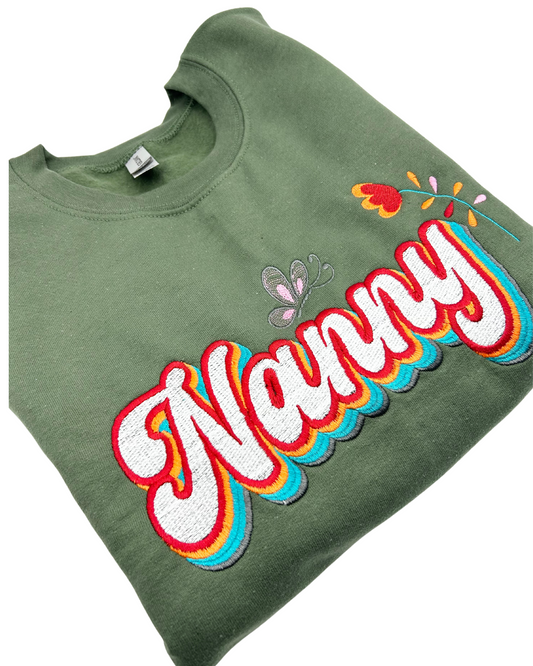 Custom Nanny Embroidery Crew Neck Sweatshirt Floral Butterfly