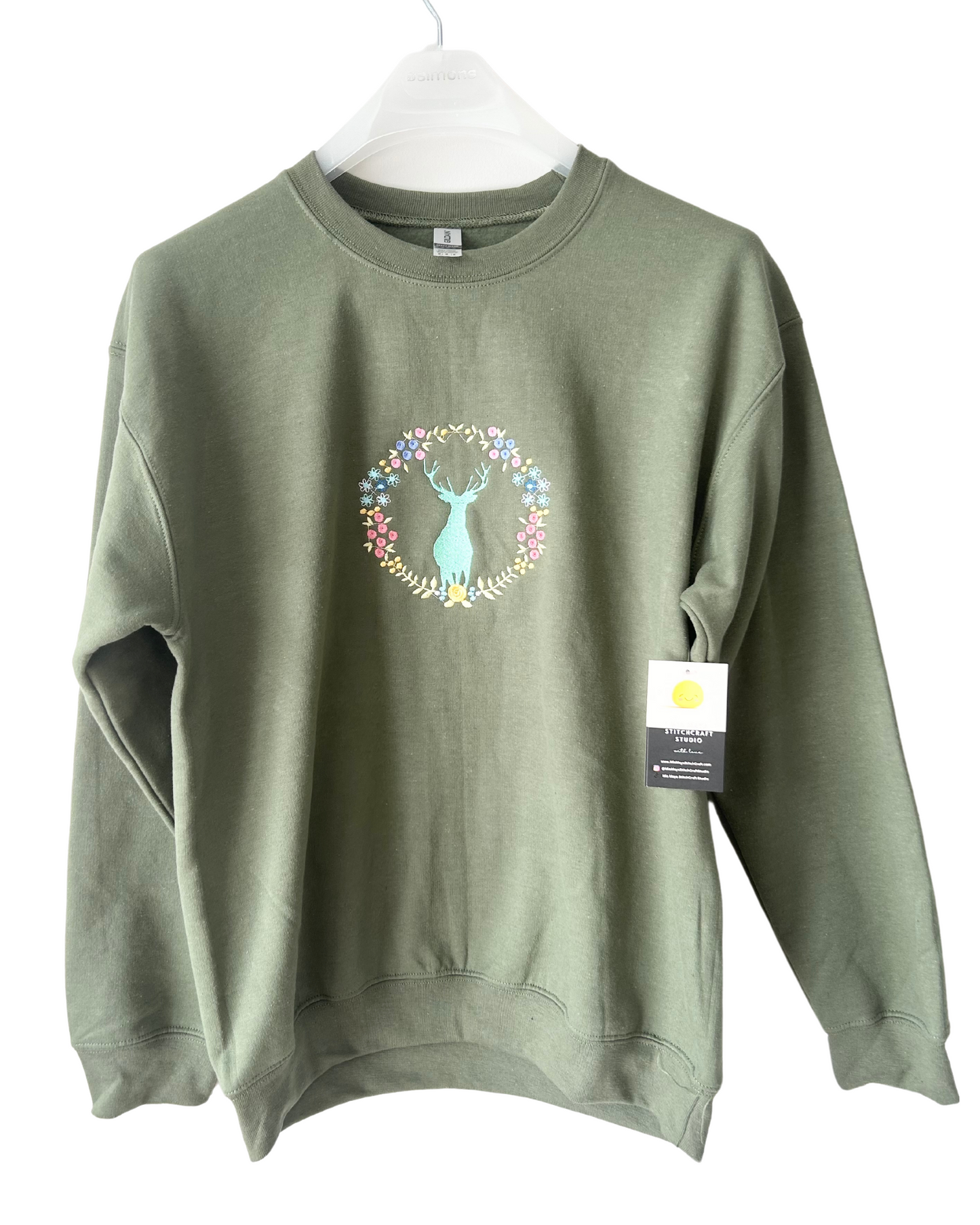 Elk Floral Wreath Original Embroidery Crew Neck Sweatshirt