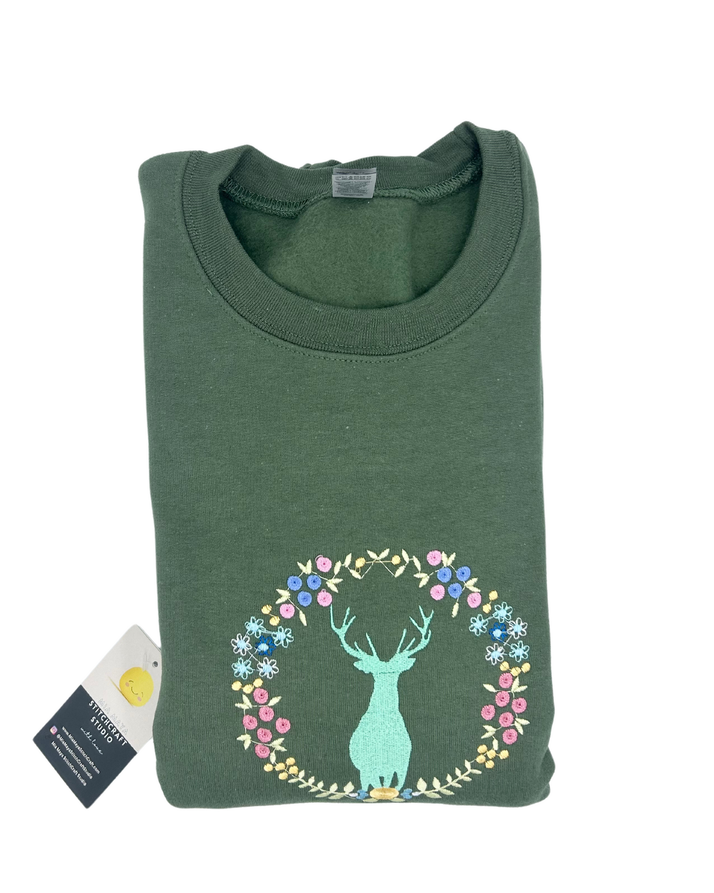 Elk Floral Wreath Original Embroidery Crew Neck Sweatshirt