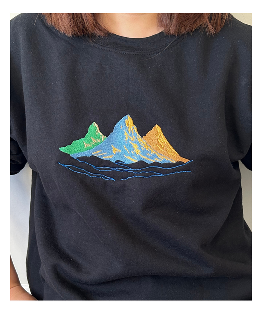 Three Mountains Sunset Vibrant Embroidery Crew Neck Sweatshirt Alberta Banff