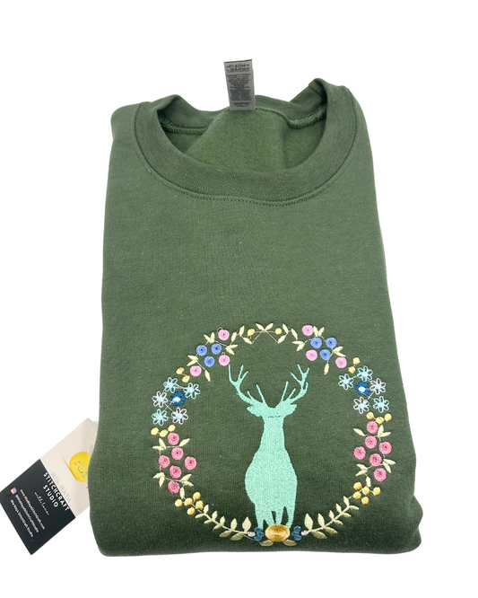 Elk Floral Wreath Original Embroidery Crew Neck Sweatshirt