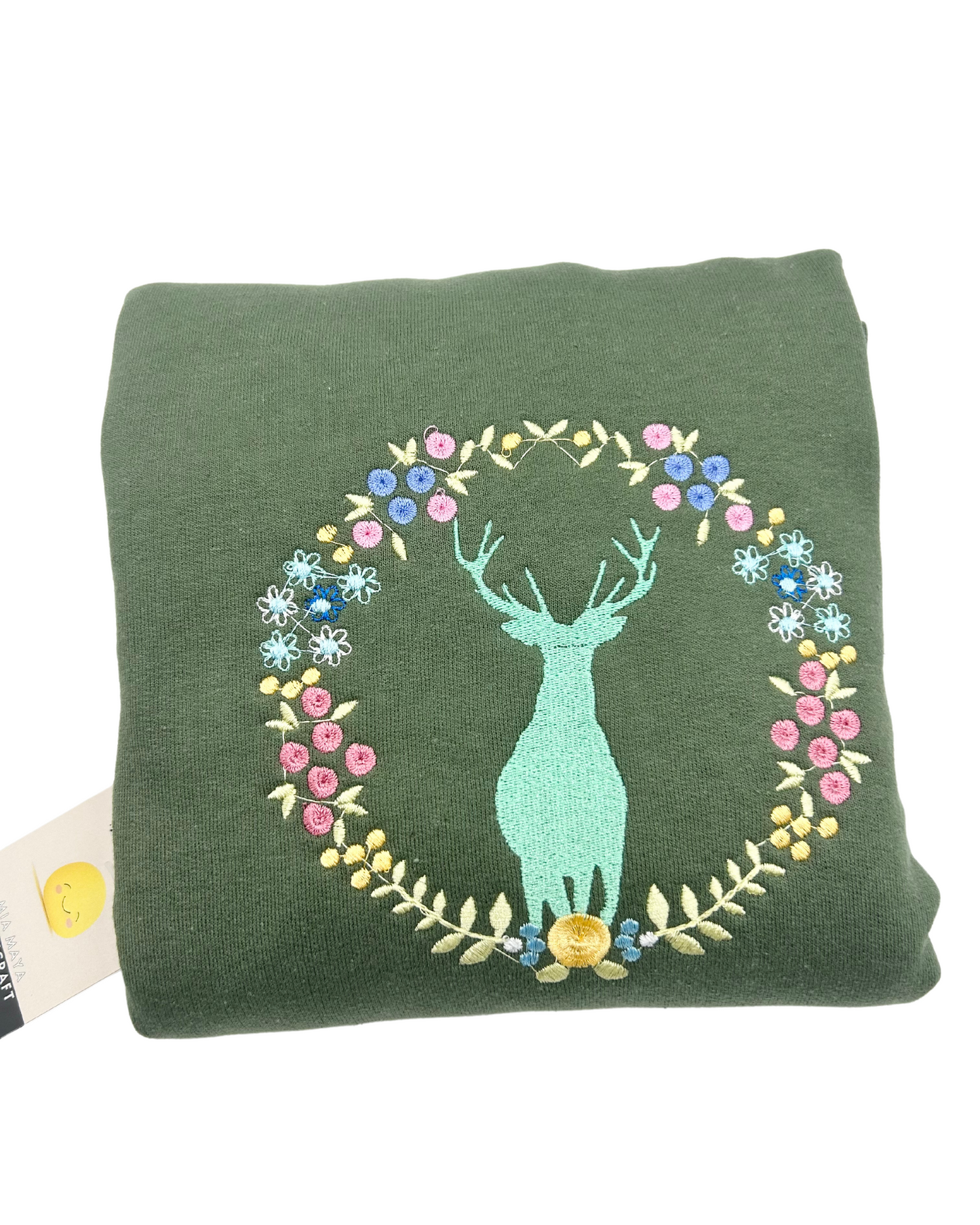 Elk Floral Wreath Original Embroidery Crew Neck Sweatshirt