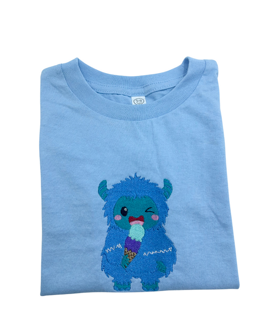 Kids Cute Yeti Eating Ice Cream Mountain Embroidery Short Sleeve Cozy Cute Shirts