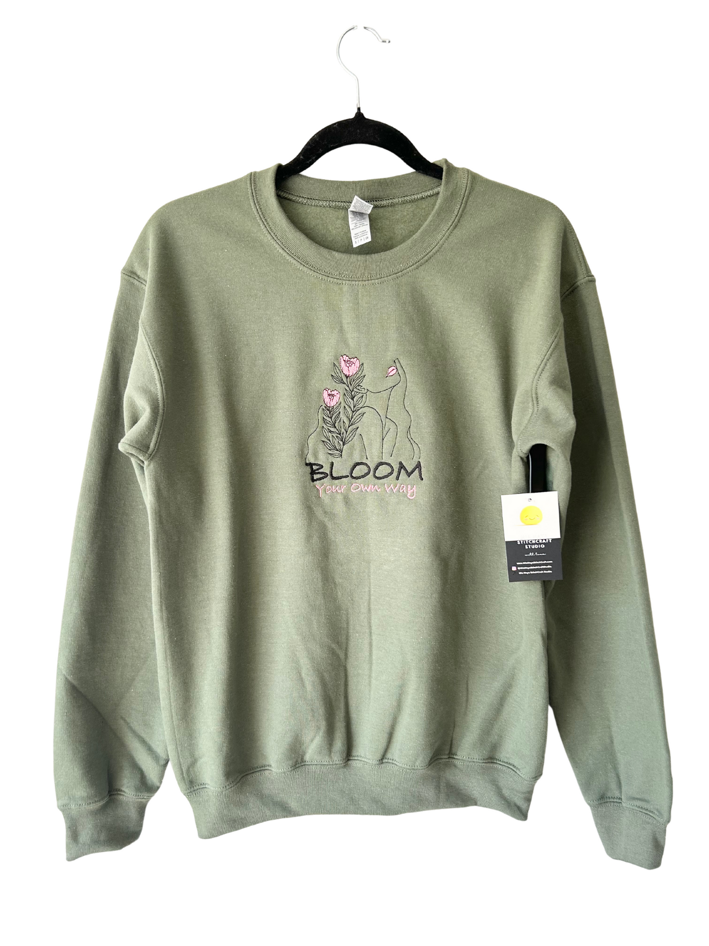 Bloom Your Own Way Floral Girl Outline Embroidery Crew Neck Sweatshirt