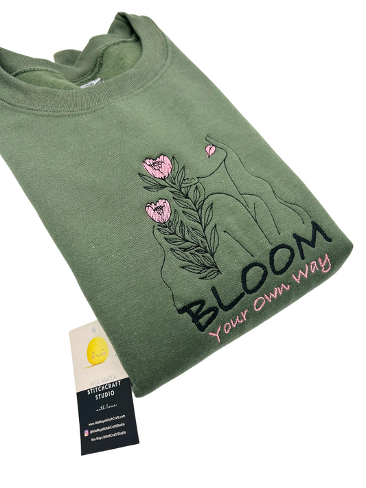 Bloom Your Own Way Floral Girl Outline Embroidery Crew Neck Sweatshirt