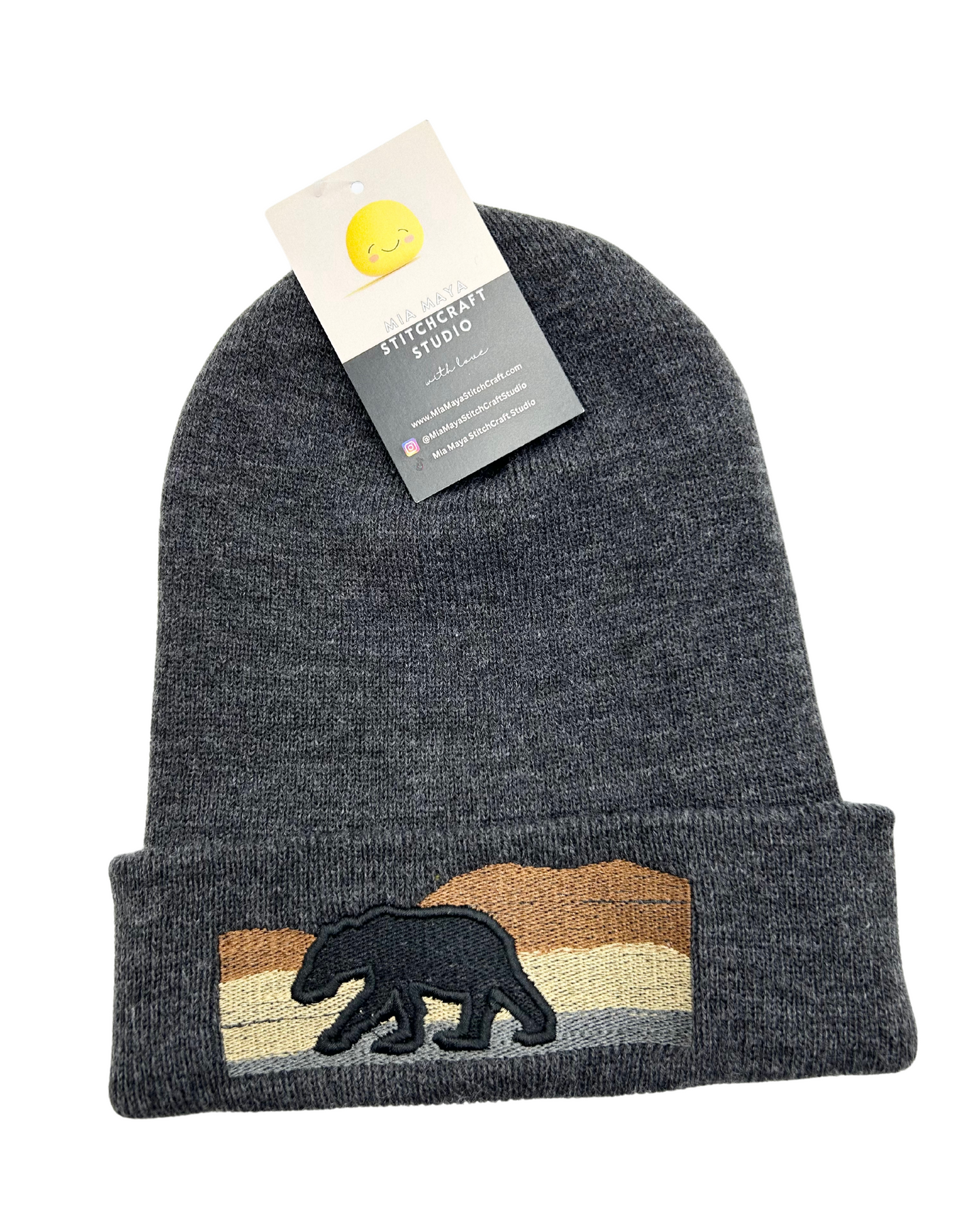 Embroidered Bear Mountain Unisex Cozy Cute Winter Cuffed Knit Beanie Hat