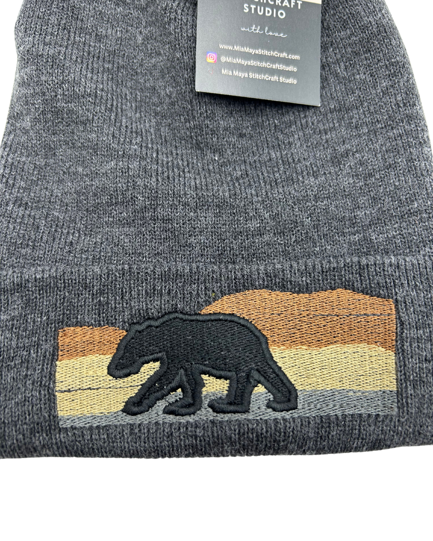 Embroidered Bear Mountain Unisex Cozy Cute Winter Cuffed Knit Beanie Hat