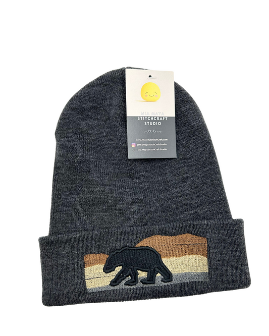 Embroidered Bear Mountain Unisex Cozy Cute Winter Cuffed Knit Beanie Hat