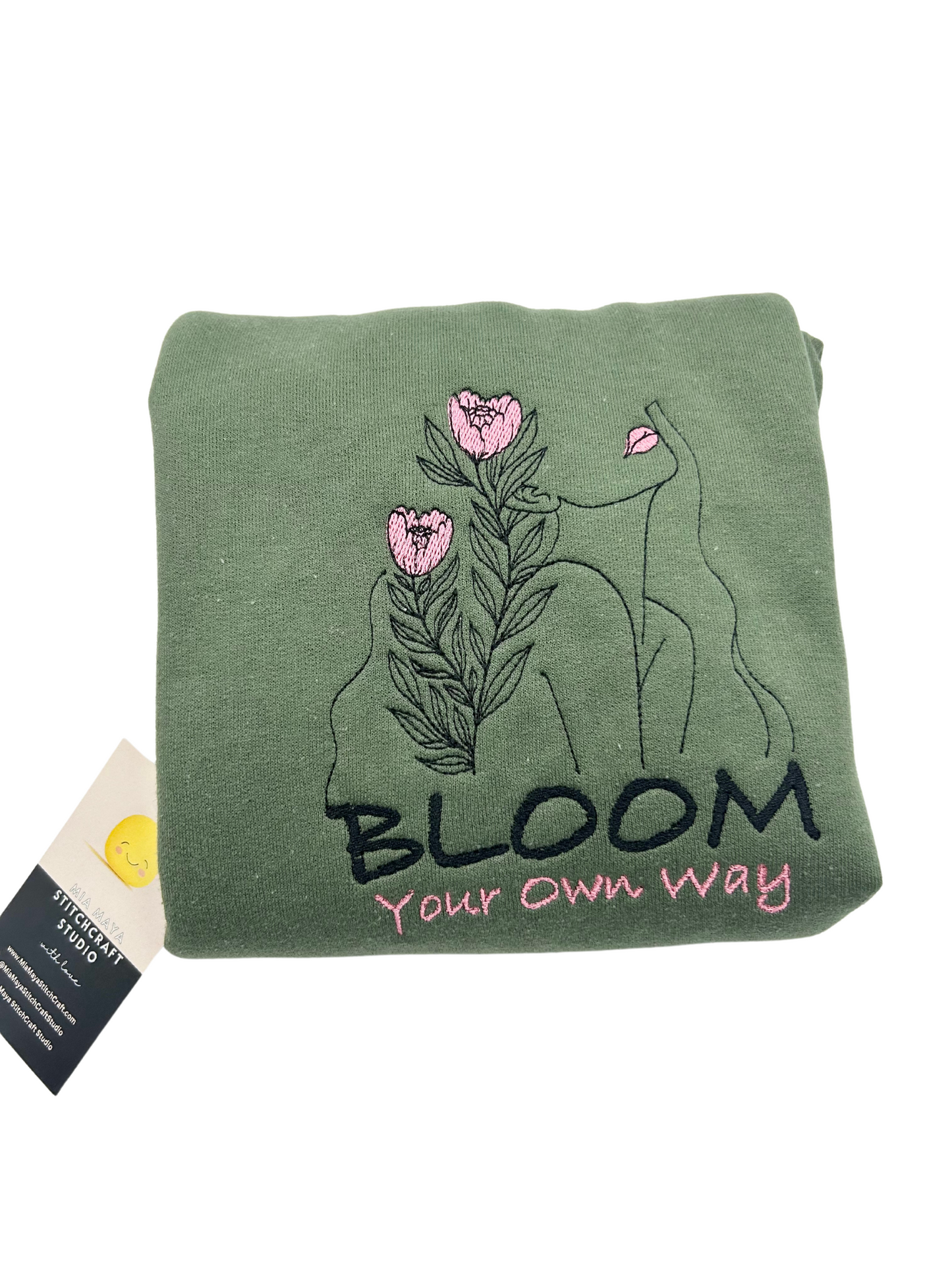 Bloom Your Own Way Floral Girl Outline Embroidery Crew Neck Sweatshirt